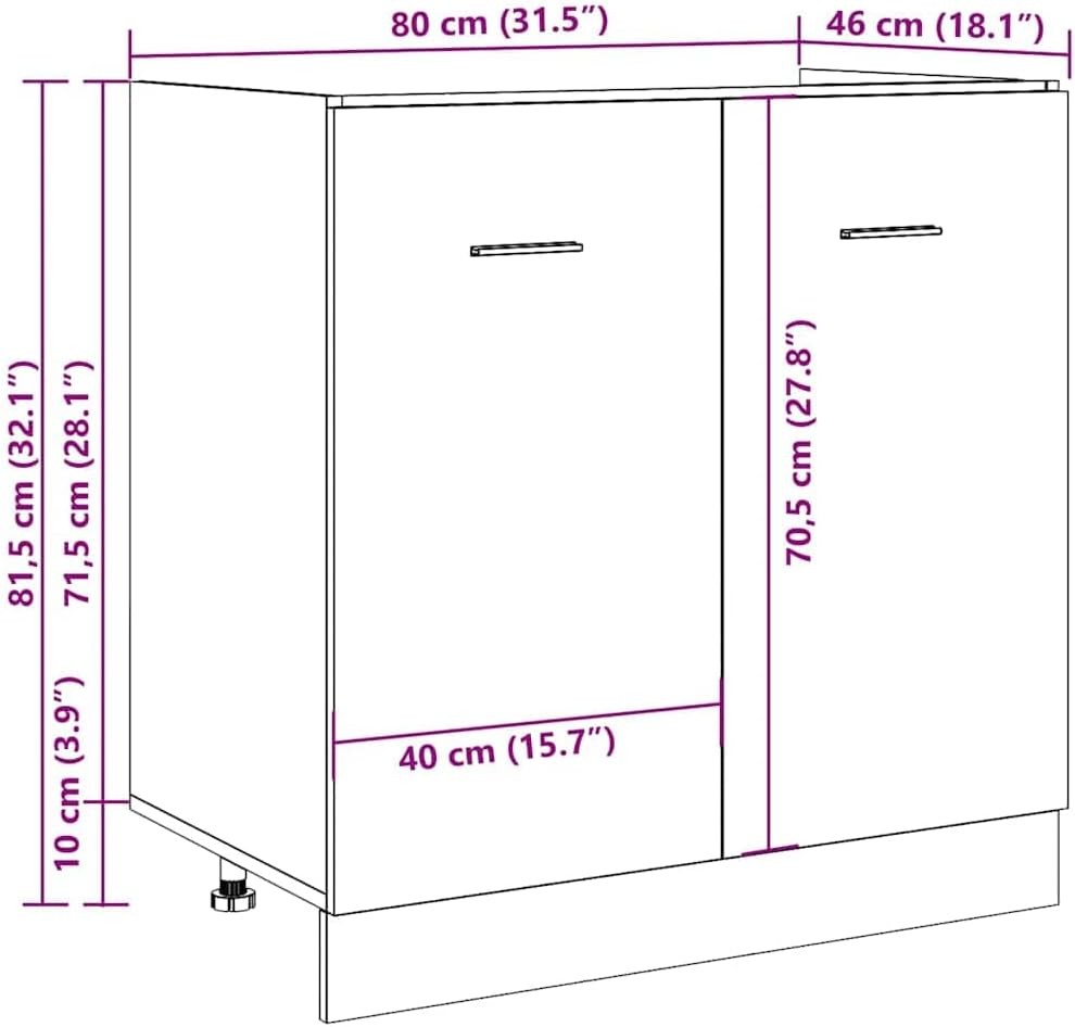 Concrete Grey Under Sink Cabinet 80x46x81.5cm Modern Kitchen Storage Unit