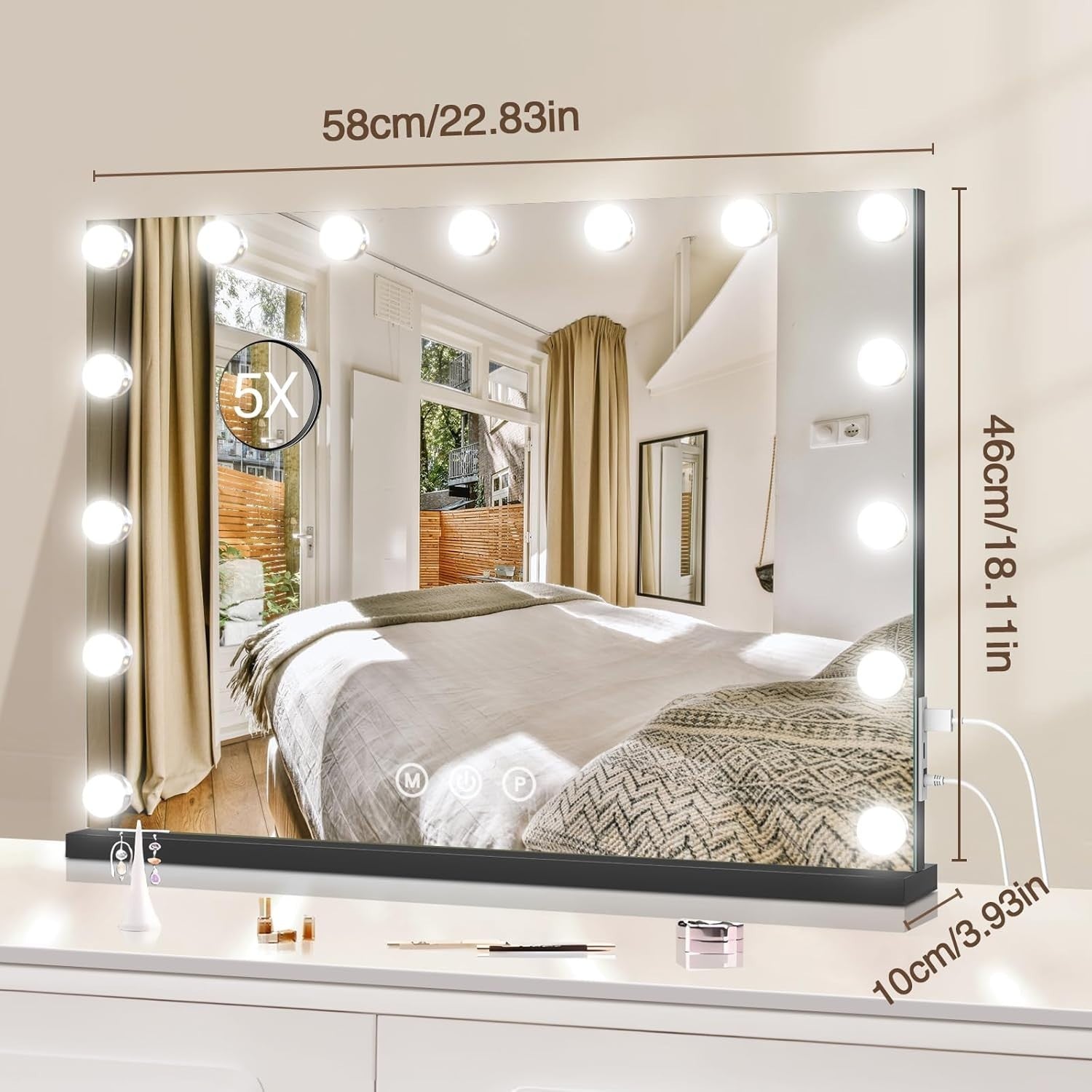 Vanity Makeup Mirror with Lights, Smart Touch, USB Ports, 58x48cm