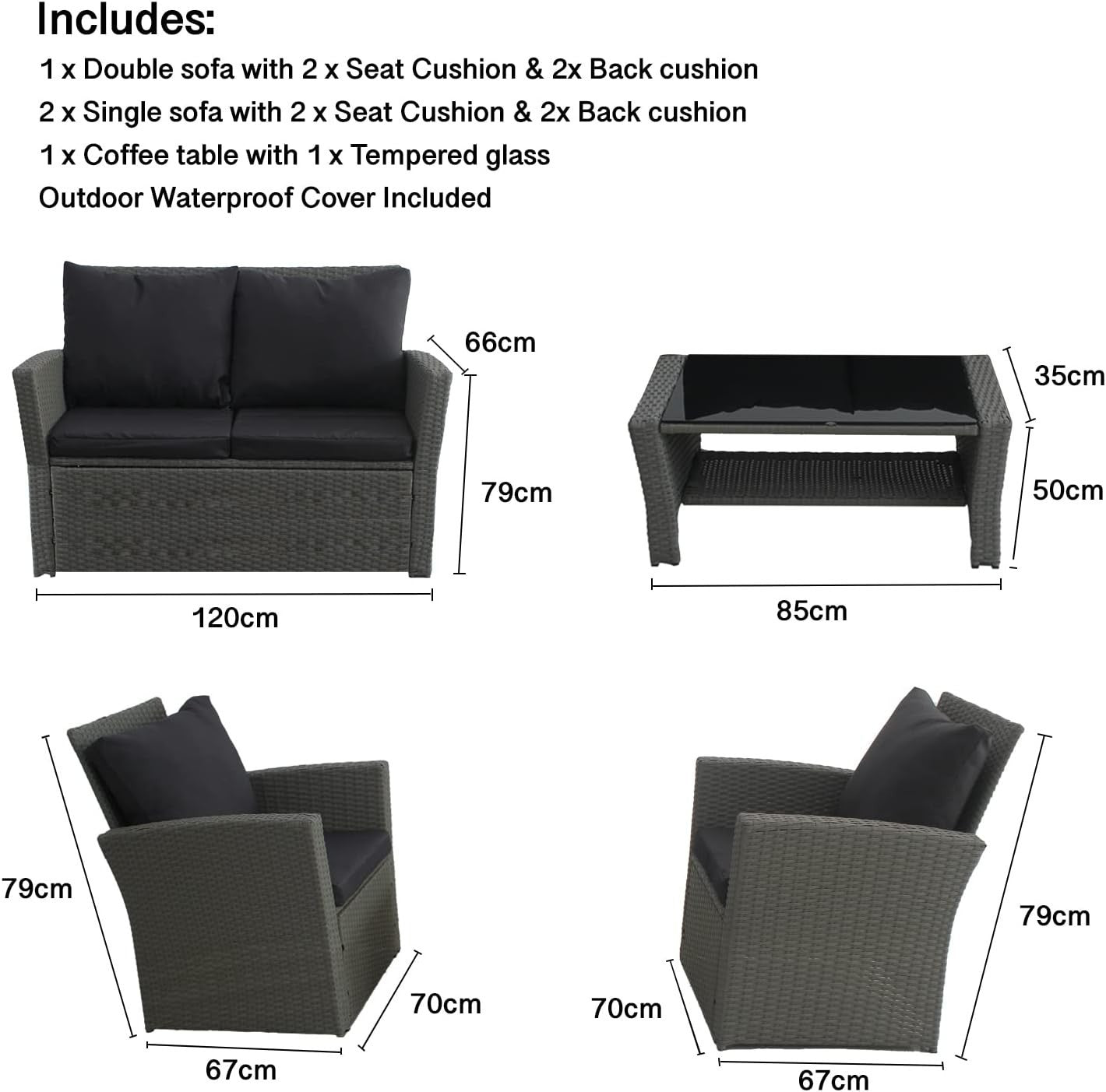 4 Seater Rattan Garden Sofa Set Outdoor Patio Furniture Cushions Table