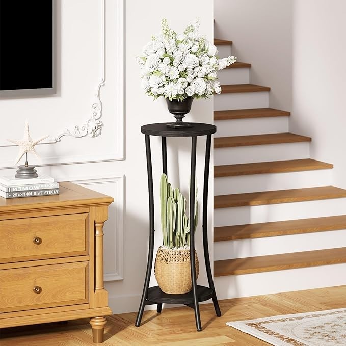 Tall 2 Tier Wood Plant Stand Indoor Corner Shelf Flower Pot Holder Modern Black