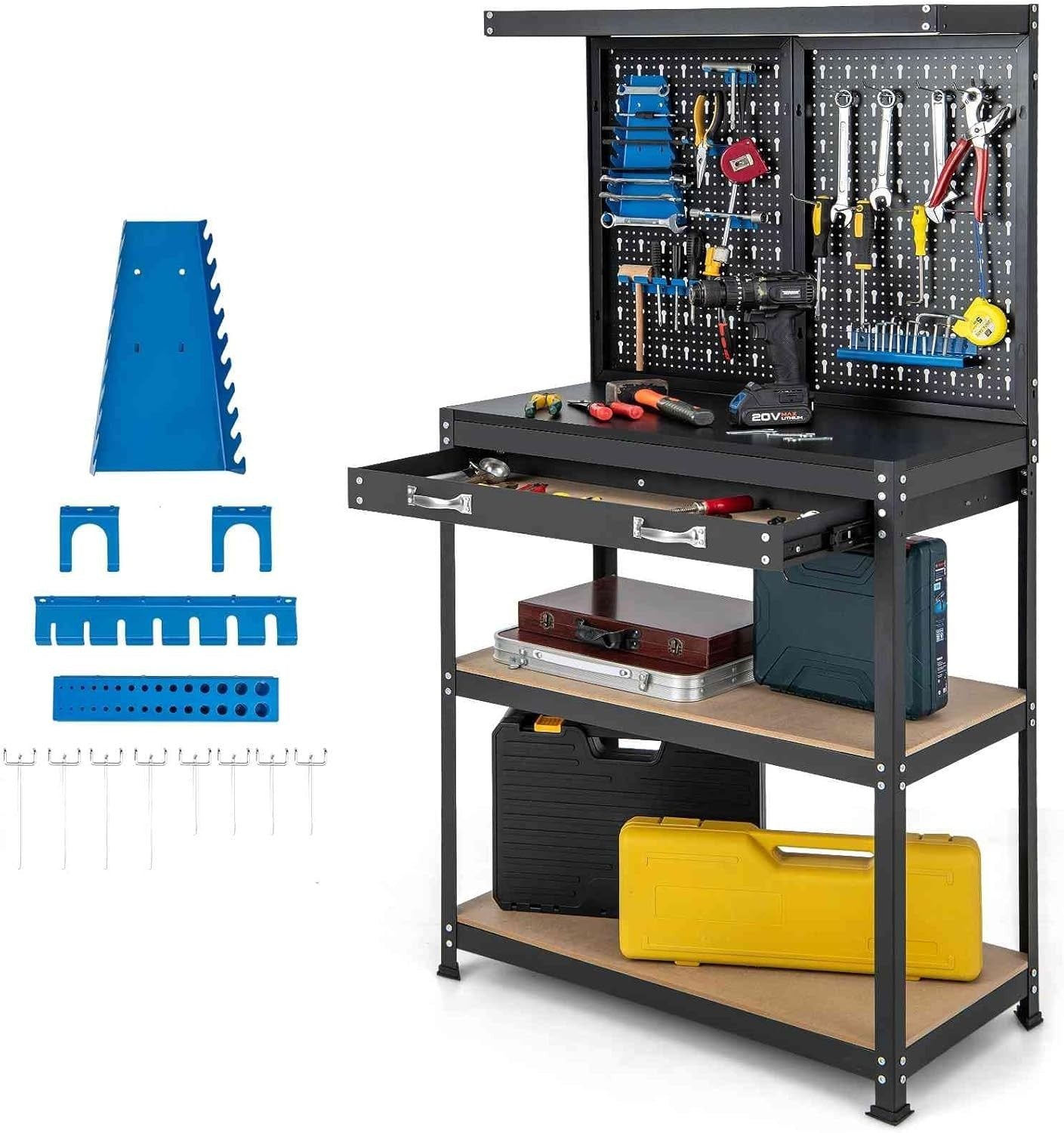 Heavy Duty Workbench 81x41x156cm Pegboard Shelves Drawer Metal Garage Table