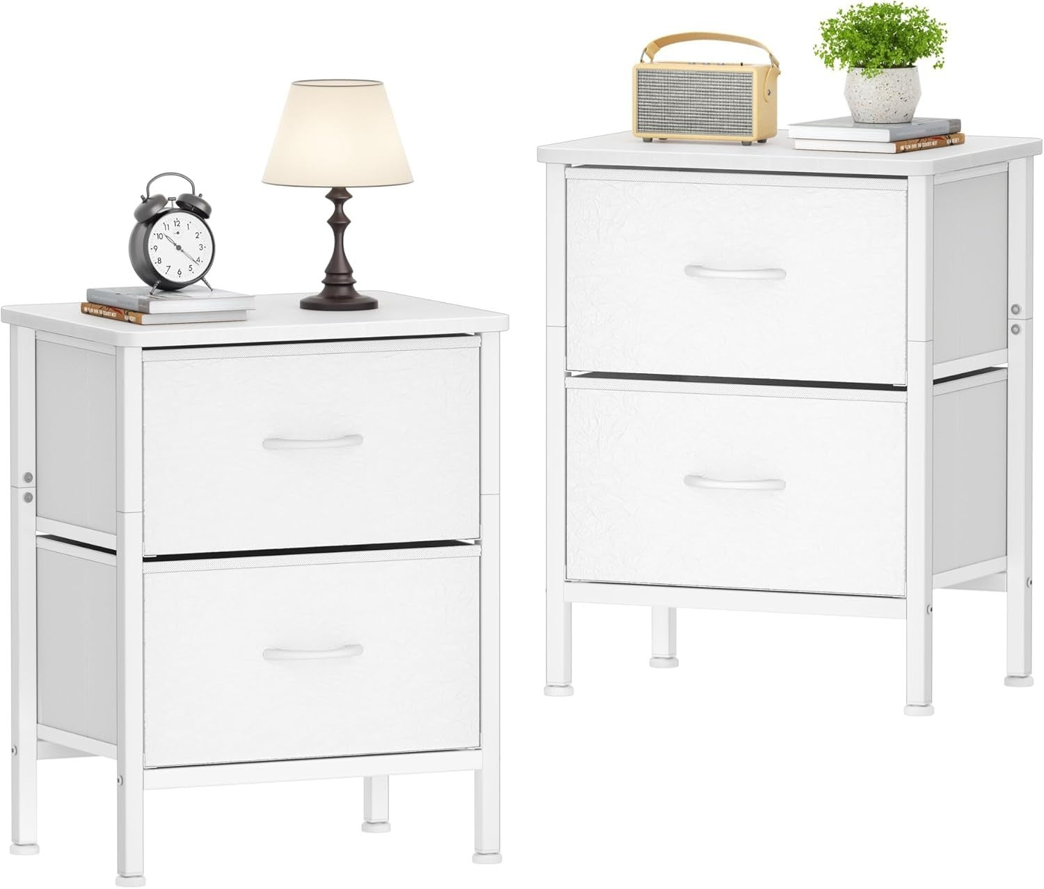 Set of 2 White Bedside Tables with Fabric Drawers | Metal Frame Storage Cabinets