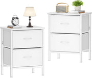 Set of 2 White Bedside Tables with Fabric Drawers | Metal Frame Storage Cabinets