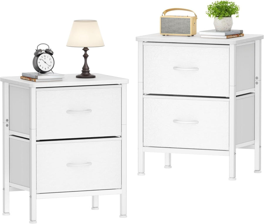 Set of 2 White Bedside Tables with Fabric Drawers | Metal Frame Storage Cabinets