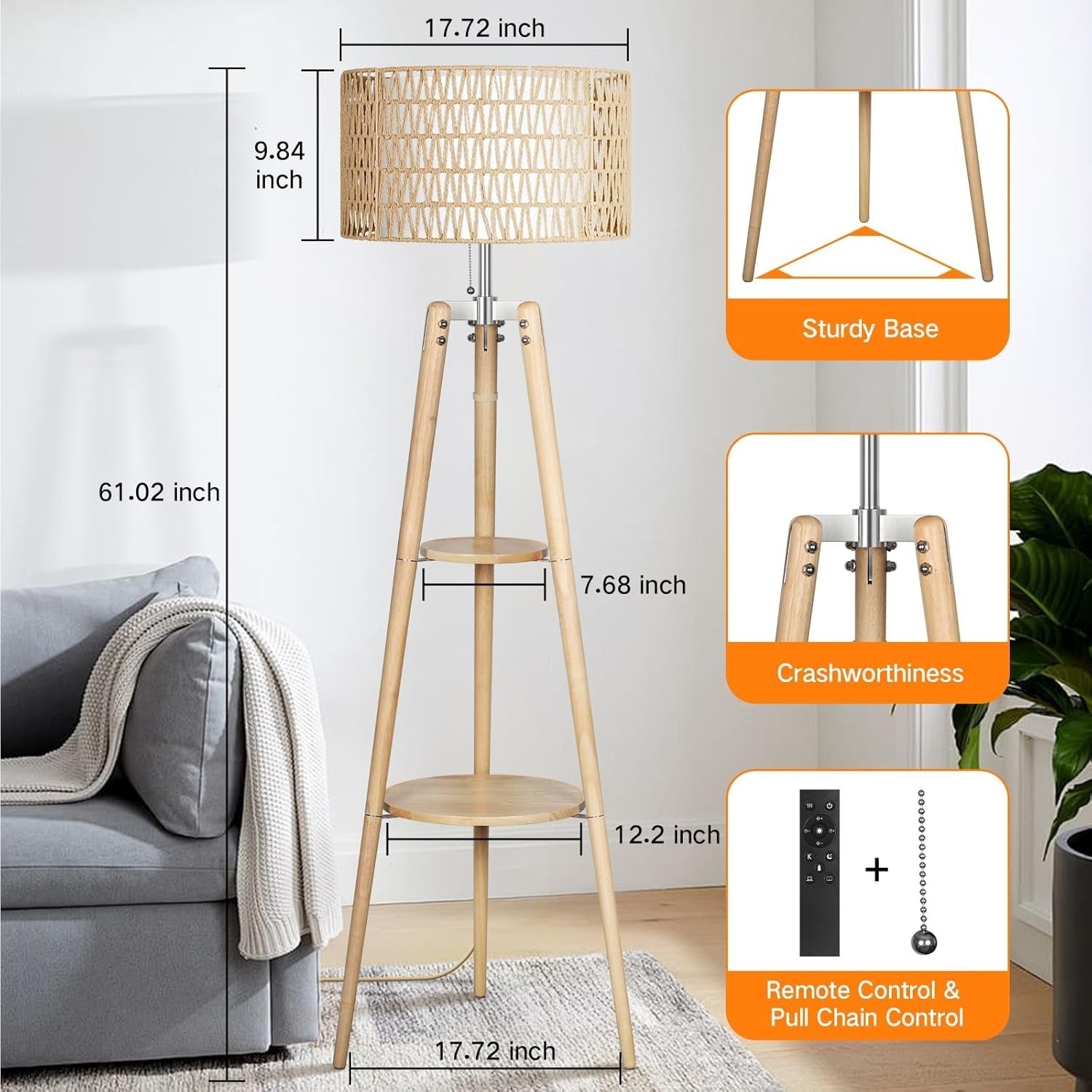 Adjustable Rattan Floor Lamp with Shelves & Remote, Dimmable Warm Light