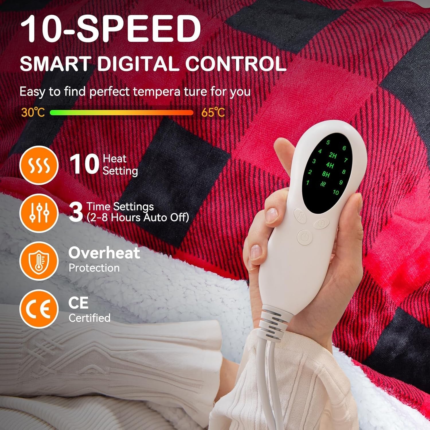Electric Heated Throw Blanket 152x127cm Double Sided Checkered 10 Heat Timer