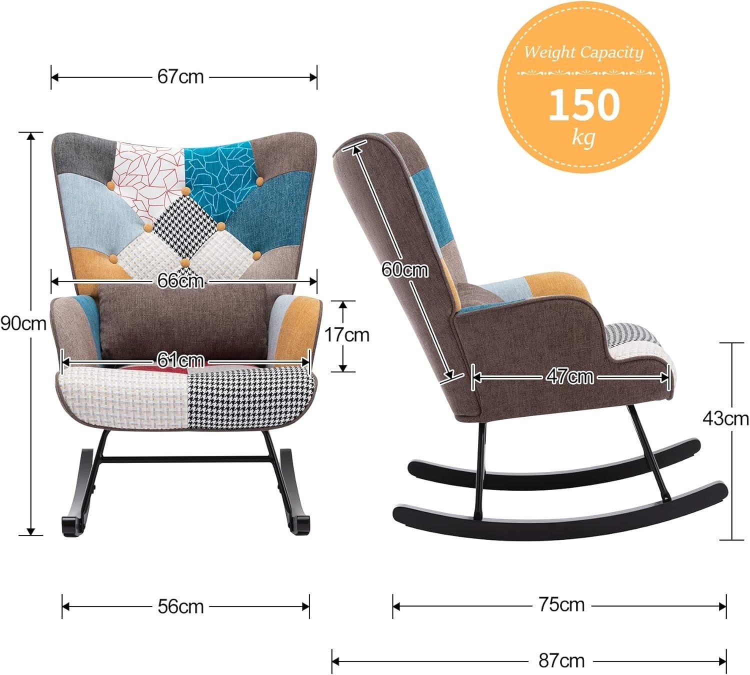 Patchwork Rocking Chair w/ Lumbar Support – Wood Legs, Quiet Glide 87cm