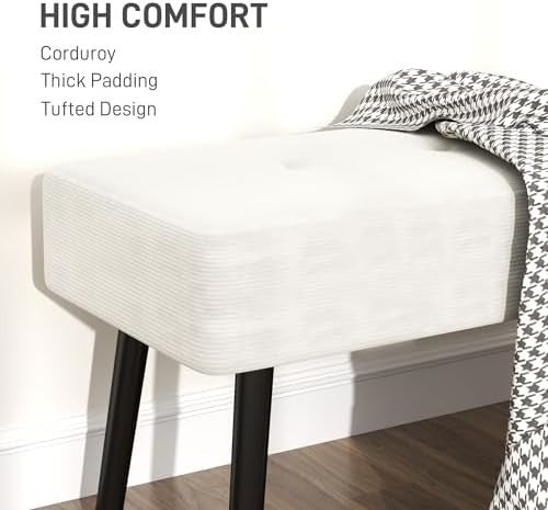 Cream End of Bed Bench with Tufted Corduroy Seat & Steel Legs – Modern