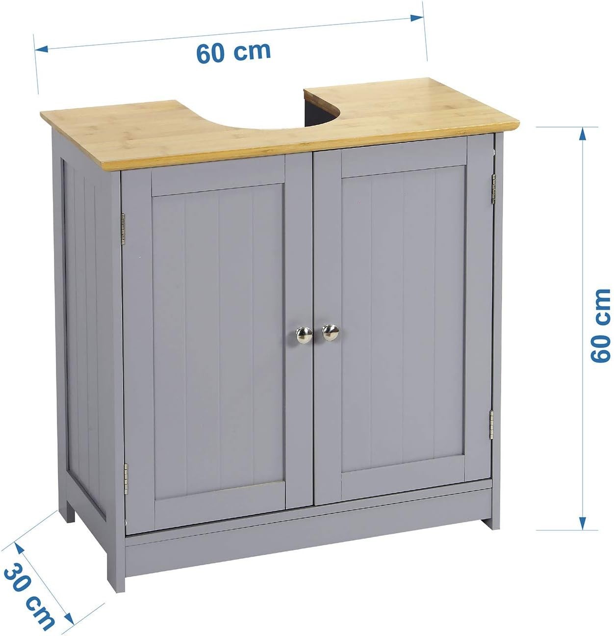 Modern Grey Bathroom Vanity Unit Bamboo Top Under Sink Storage Cabinet
