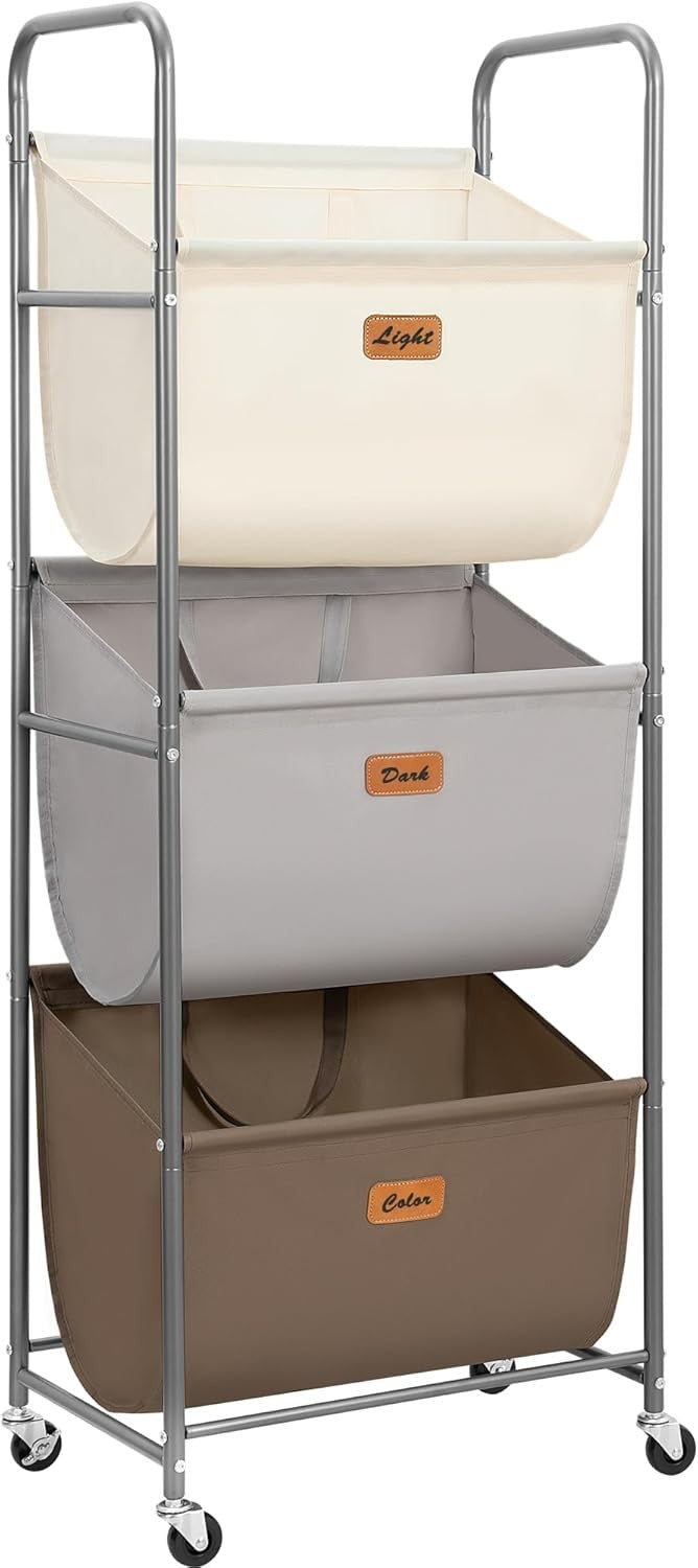 3 Tier Vertical Rolling Laundry Hamper 120L Removable Bags Space Saving Cart