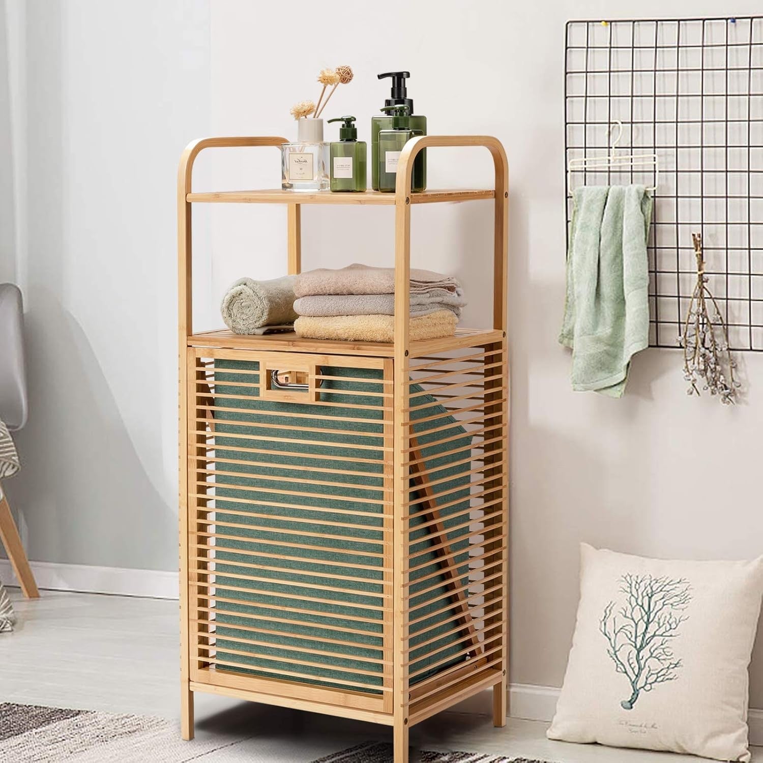 Bamboo 2-Tier Laundry Hamper with Pull-Out Bag & Storage Shelves Bathroom