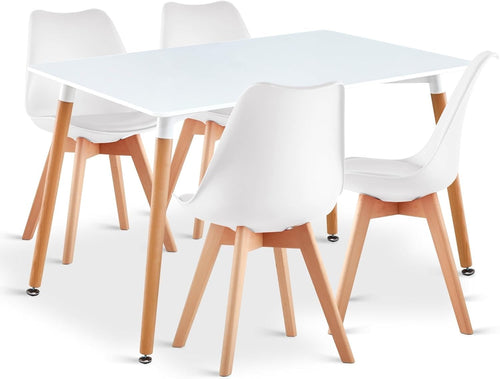 Modern White Dining Table & 4 Chairs Set – Soft Cushioned Seats, Solid Wood