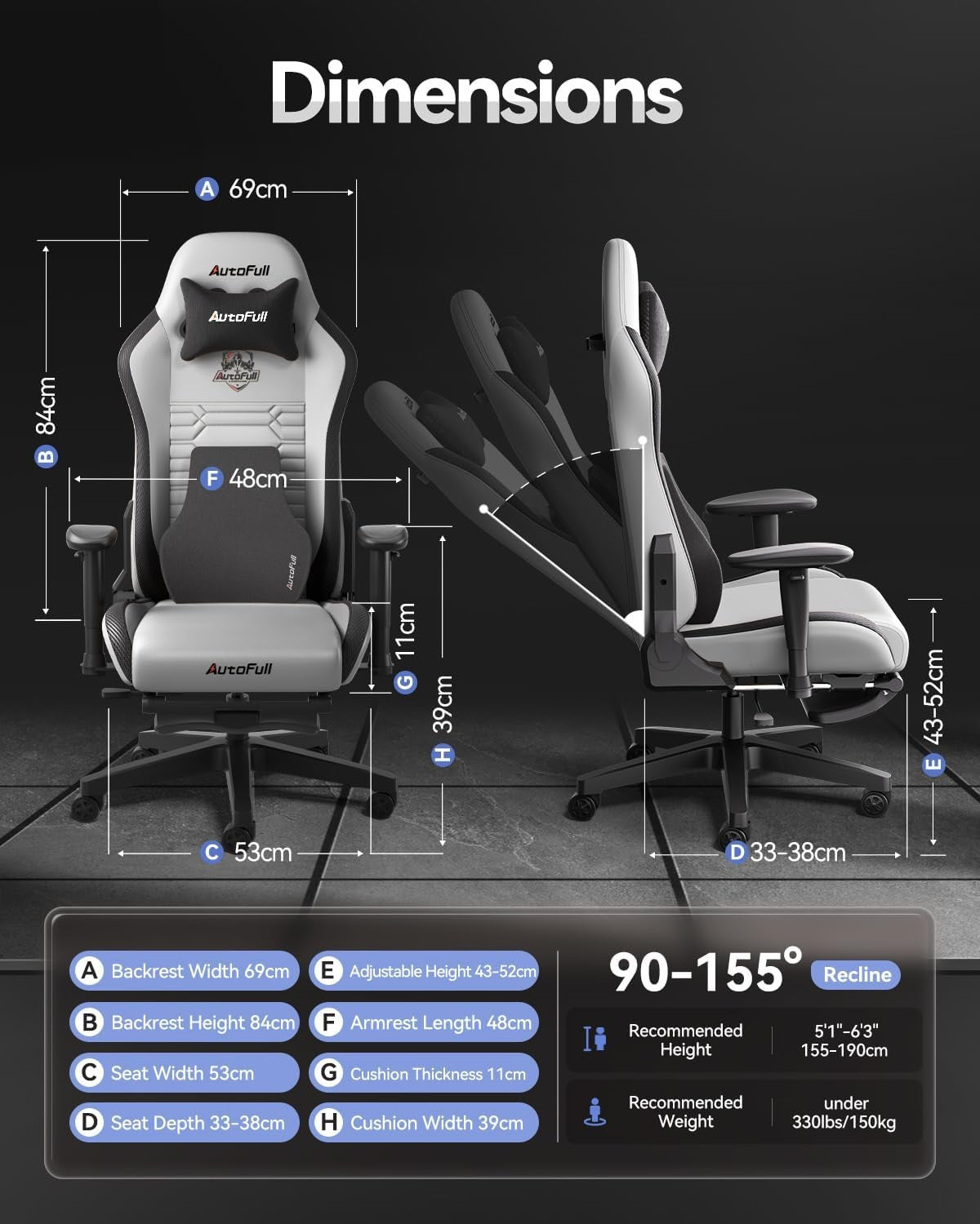 Ergonomic Gaming Chair Grey PU Leather Reclining w/ Footrest