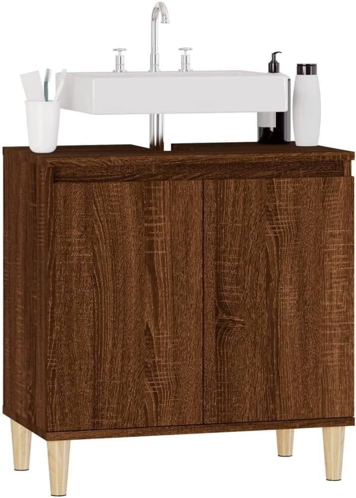 Grey Oak Under Sink Bathroom Cabinet – Scandinavian Vanity Storage Unit 58x33x60