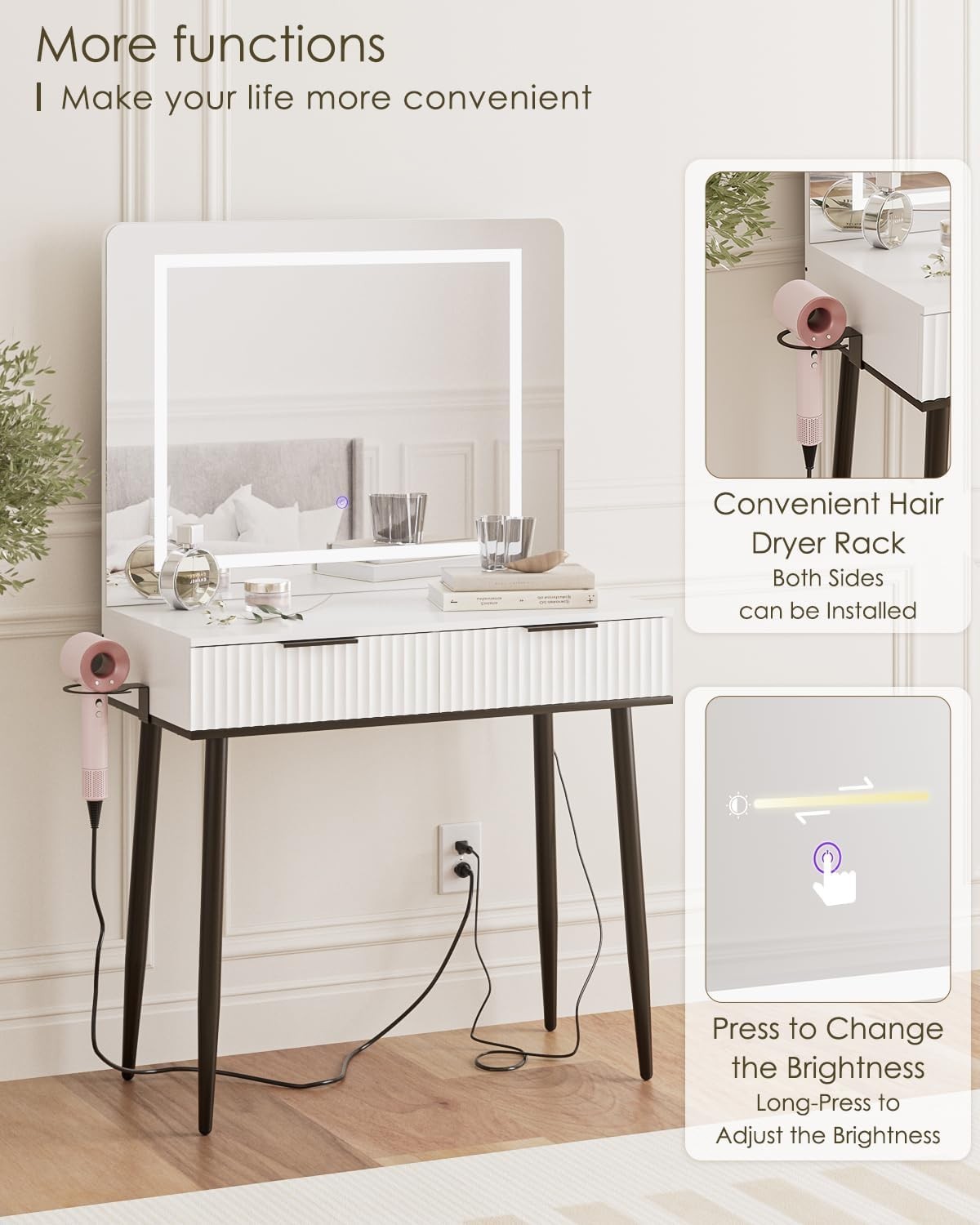 Vanity Dressing Table with LED Light Mirror Makeup Desk 2 Drawers Gold Accents