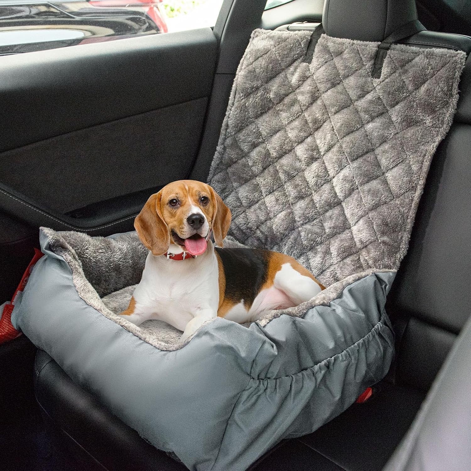 Pet Travel Booster Seat Washable Dog Car Bed w Safety Leash Grey
