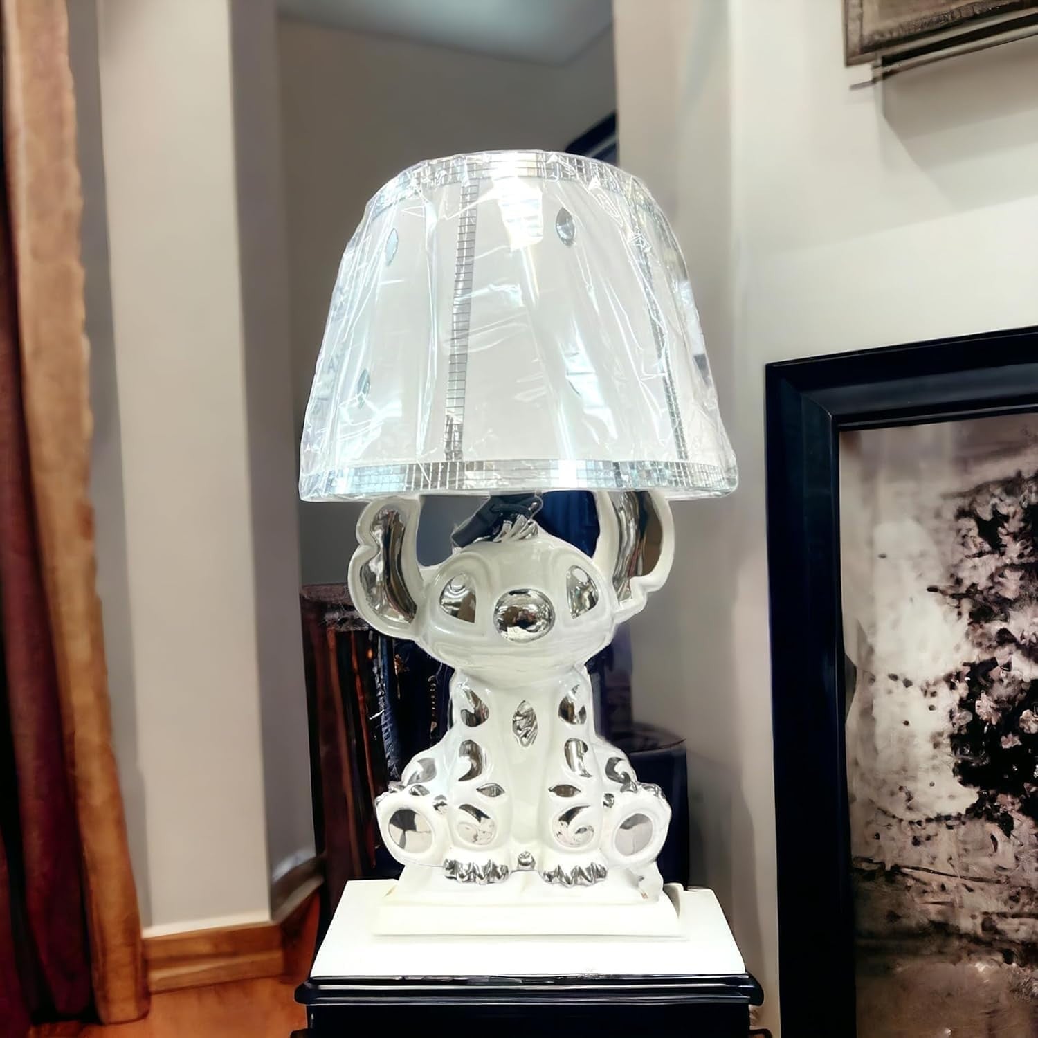 Crushed Diamond Table Lamp 50cm Ceramic Base Silver Shade Bedside Light