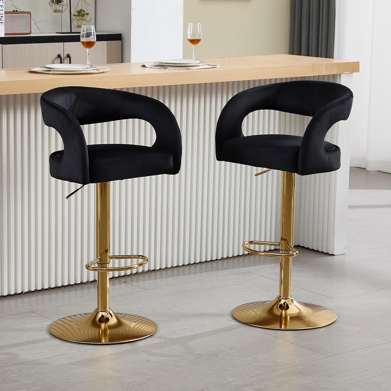 Adjustable Black Velvet Bar Stools Set of 2 Swivel Kitchen Counter