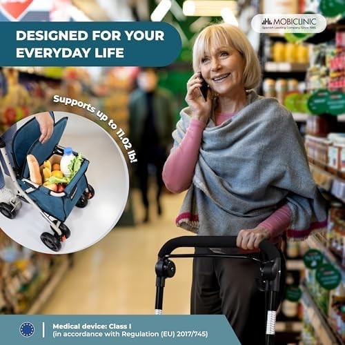 Foldable Shopping Trolley Walker with Seat Backrest Brake & Wheels