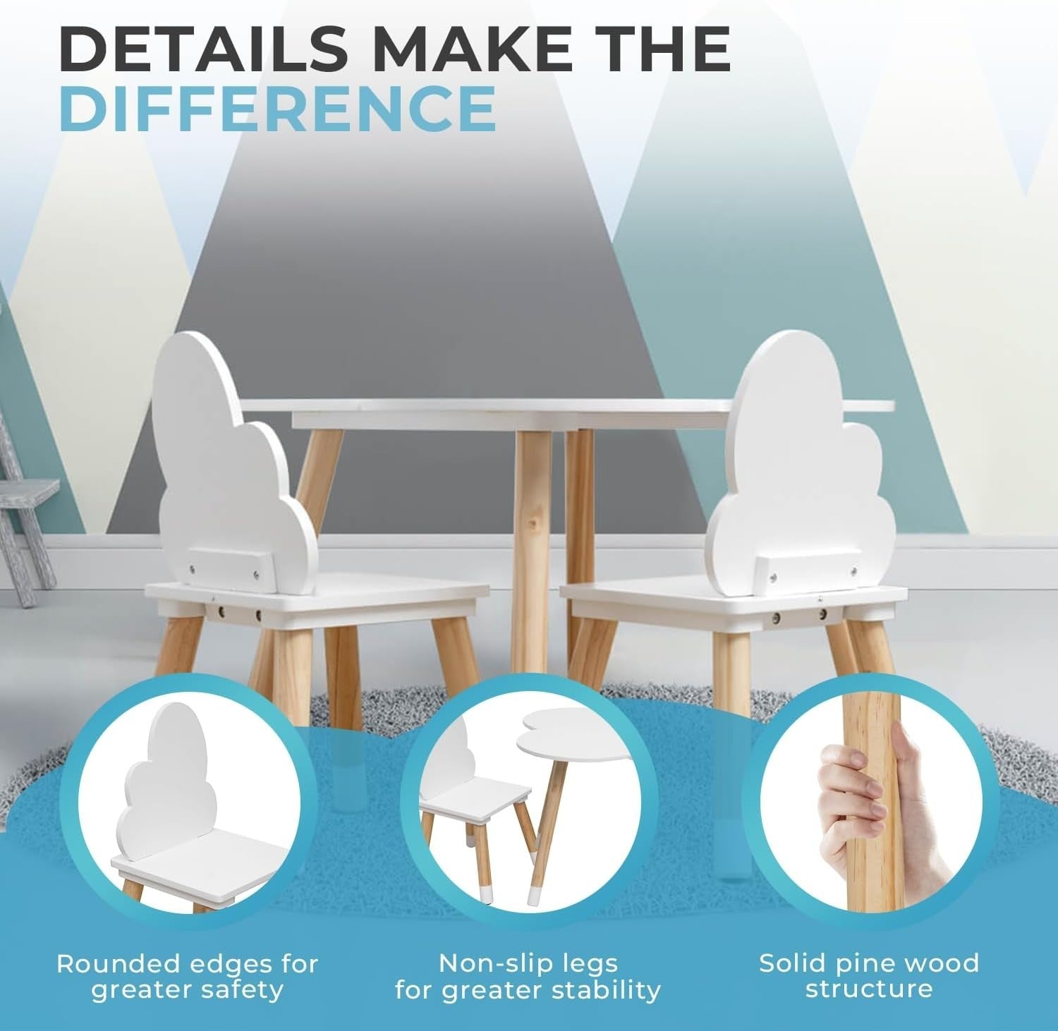 Kids Table and Chair Set with Rounded Edges, Scandinavian Style, Durable MDF