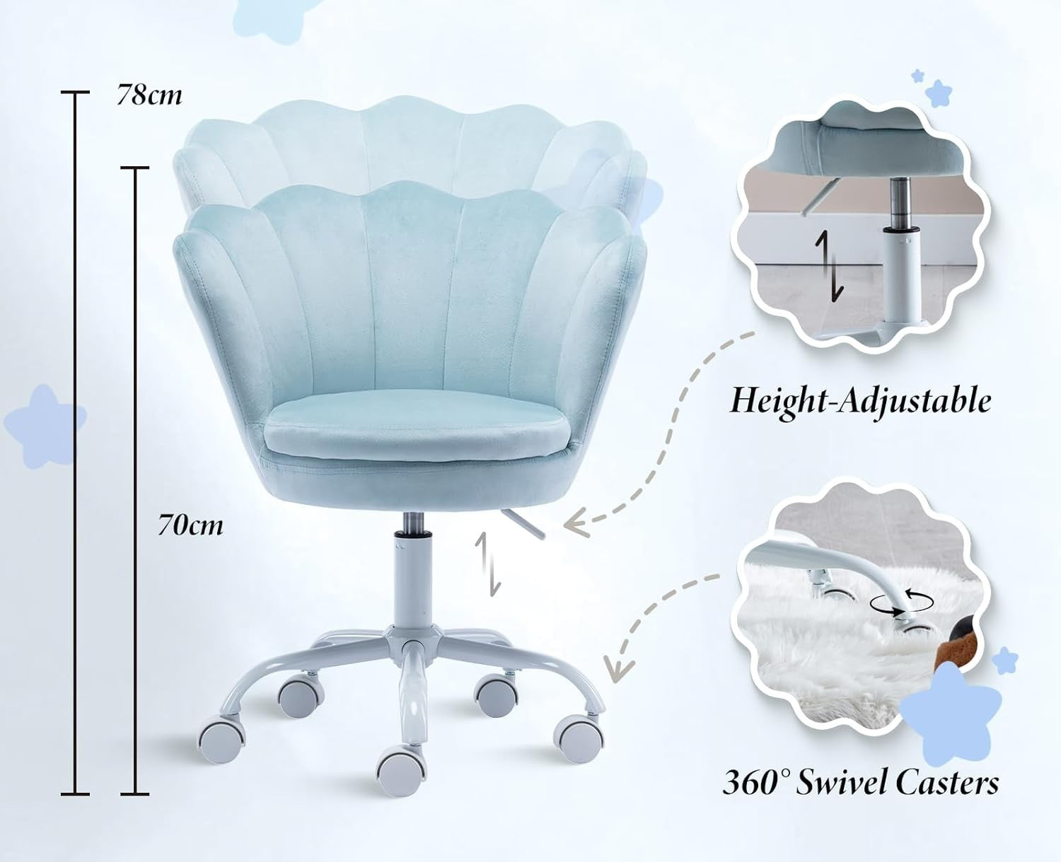 Kids Swivel Desk Chair Height Adjustable Velvet Upholstered Study Seat Blue