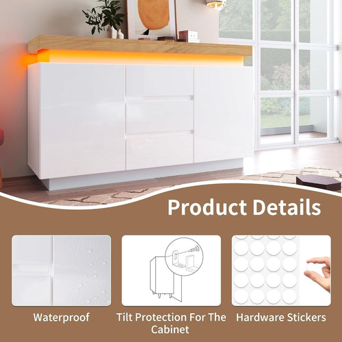 White LED Sideboard Cabinet Gloss 2 Door 3 Drawer Storage Modern Unit