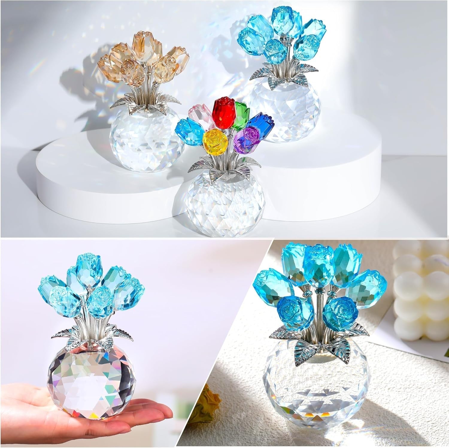 Light Blue Crystal Rose Bouquet Ornament Gift for Women Wife Anniversary Wedding