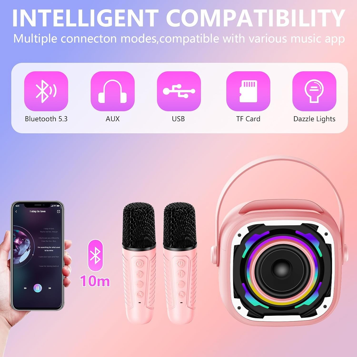 Kids Mini Karaoke Machine 2 Mics Bluetooth LED Speaker