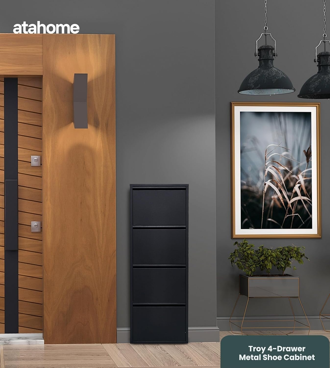 Slim Wall Mounted Shoe Cabinet 4-Tier Metal Storage Rack 138cm Black