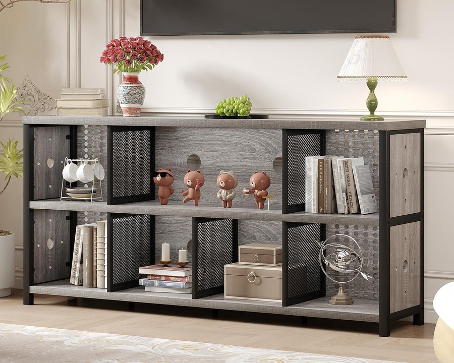 Light Grey Oak 8 Cube Wooden Bookcase Storage Cabinet Industrial 160x34x76cm