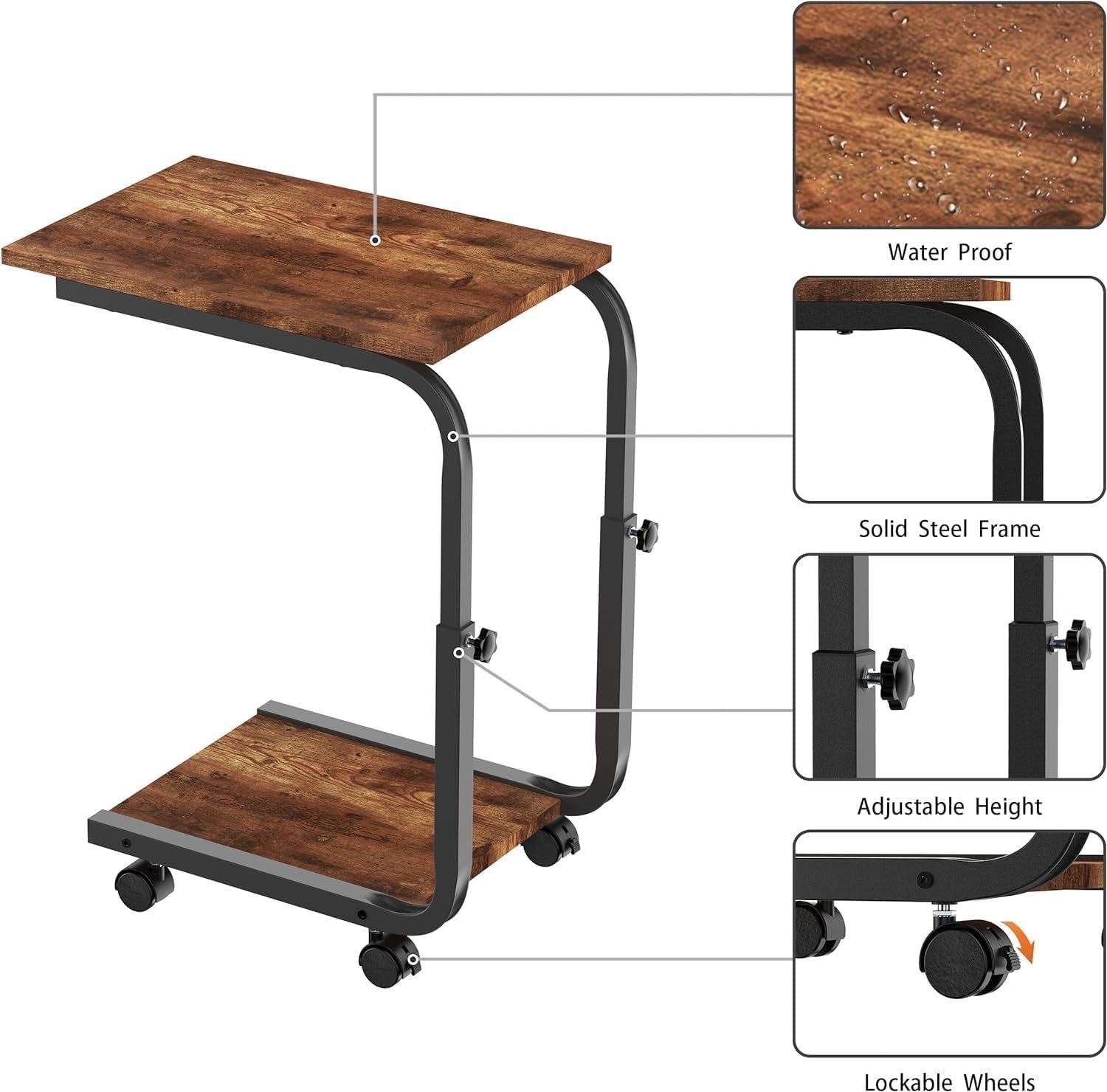 Height Adjustable Side Table – 45x30x66cm End/Bedside Table Rustic Brown