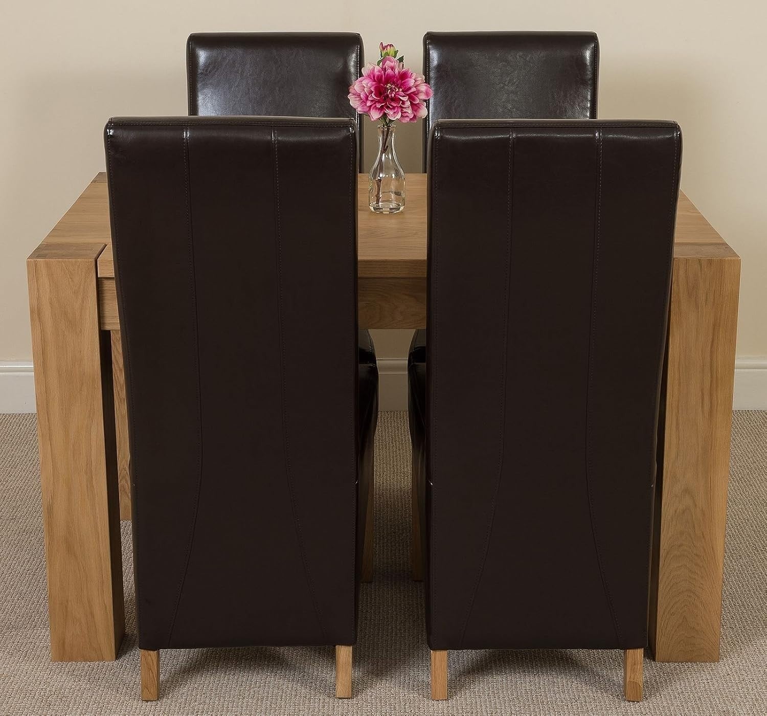 Solid Oak Dining Table & 4 Leather Chairs Set Small Room 125x80cm
