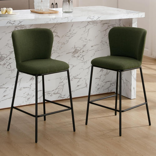 Green Linen Bar Stool Set 2 – Upholstered High Counter Kitchen Chairs