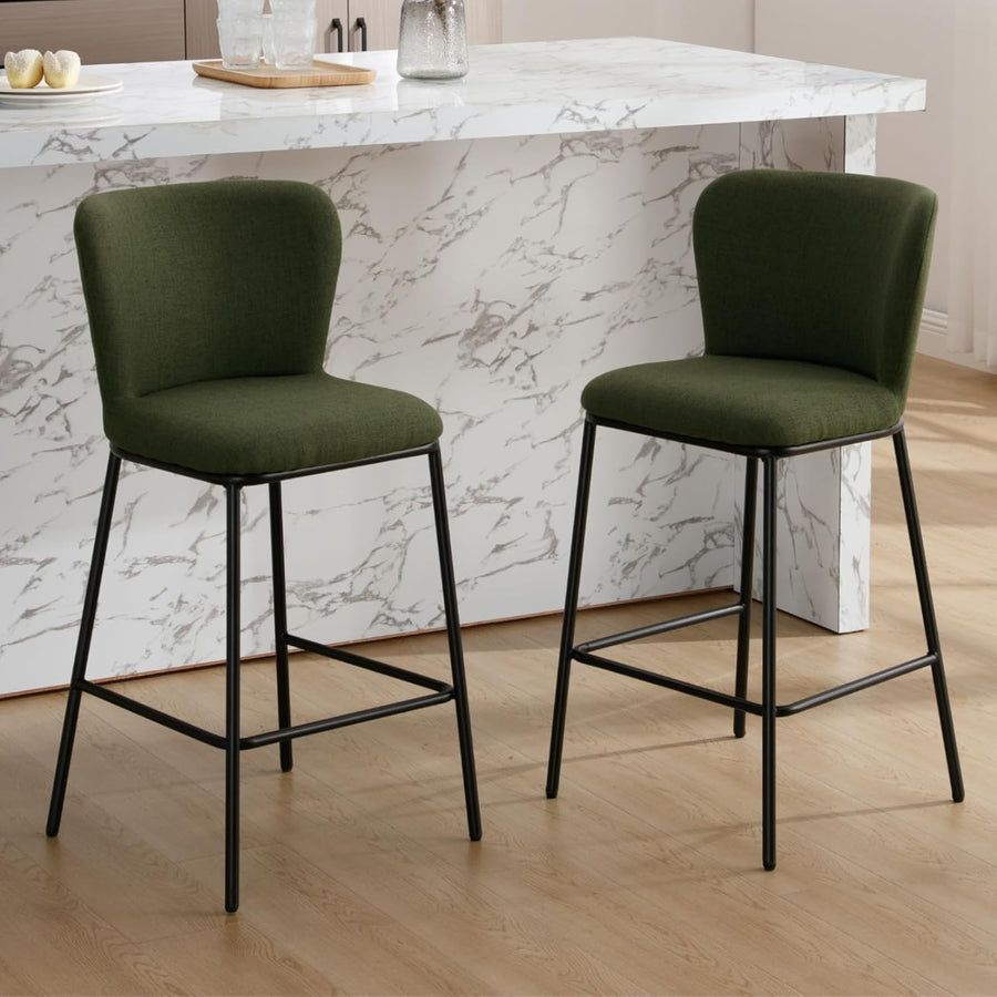 Green Linen Bar Stool Set 2 – Upholstered High Counter Kitchen Chairs