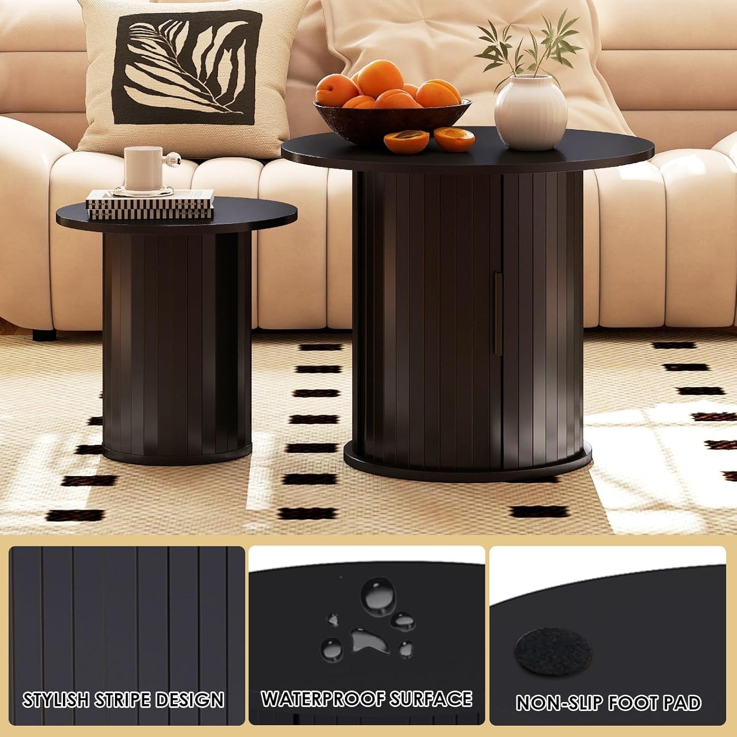 2-Piece 60cm Round Nesting Coffee Table Set with Hidden Storage, Black Finish