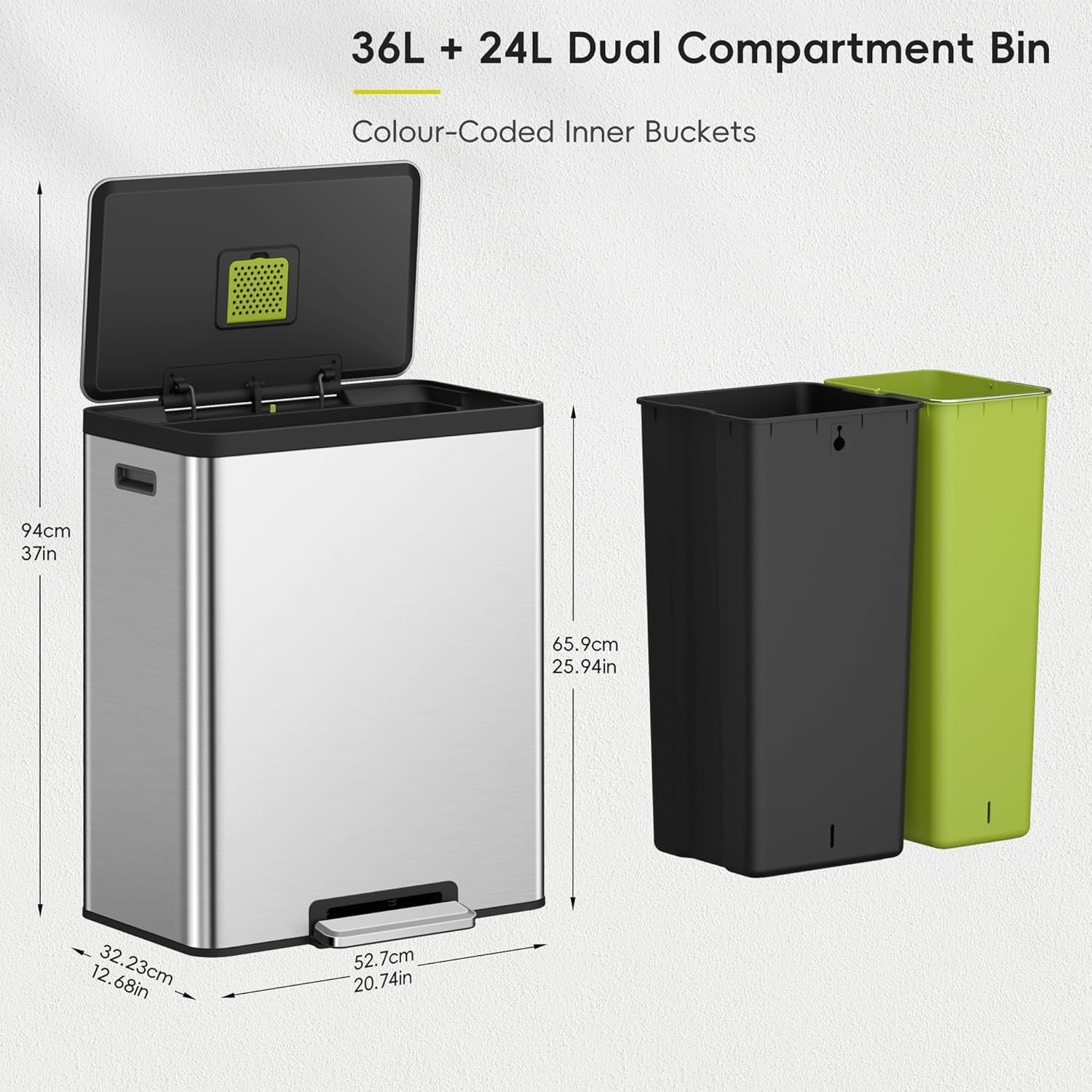 60L Dual Recycling Kitchen Bin 36L+24L Stainless Steel Soft Close