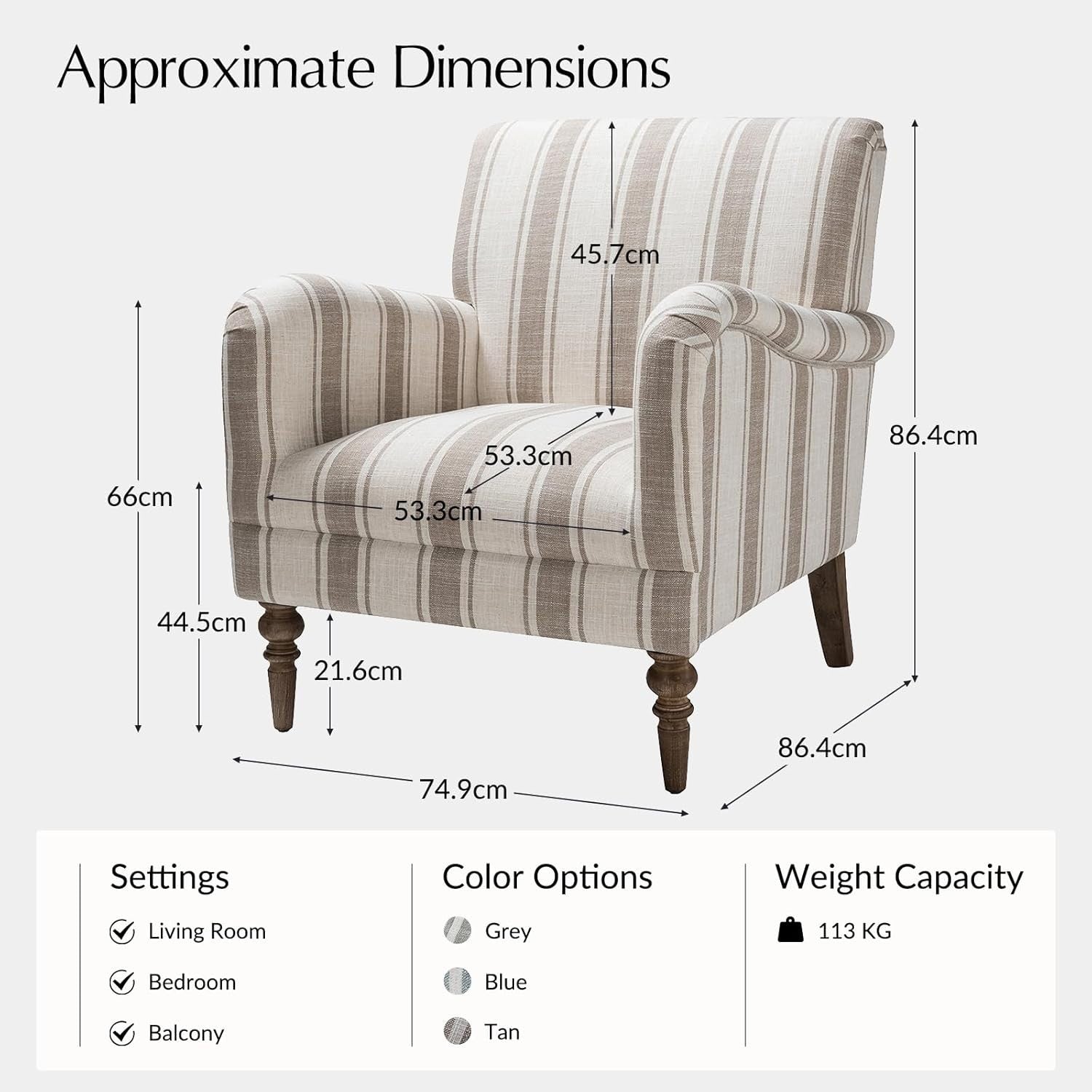 Striped Armchair Accent Chair Tan Upholstered Seat for Lounge Bedroom Home