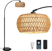Boho Arc Floor Lamp Dimmable Remote Control Rattan Shade Black Stand