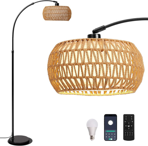 Boho Arc Floor Lamp Dimmable Remote Control Rattan Shade Black Stand
