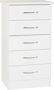 White Gloss 5 Drawer Slim Chest Tall Storage Unit Narrow Bedroom Organiser