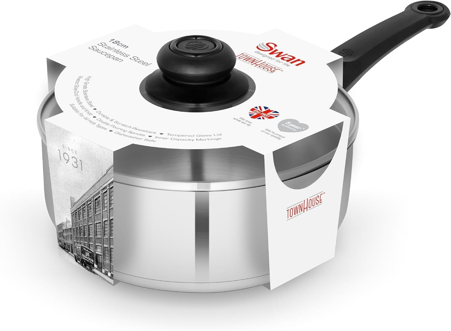 18cm Stainless Steel Saucepan Cookware with Glass Lids Suitable for All Hob Type