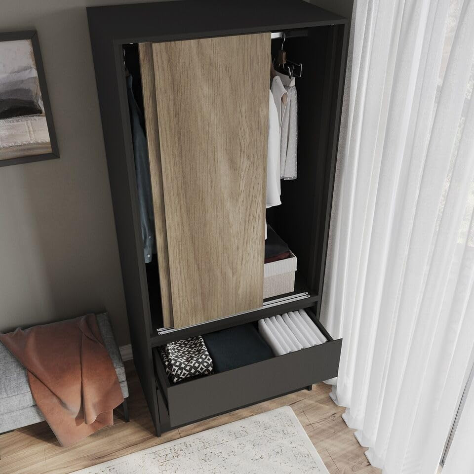 Modern 2-Door Sliding Wardrobe with Hanging Rail & 2 Drawers - Silent Doors