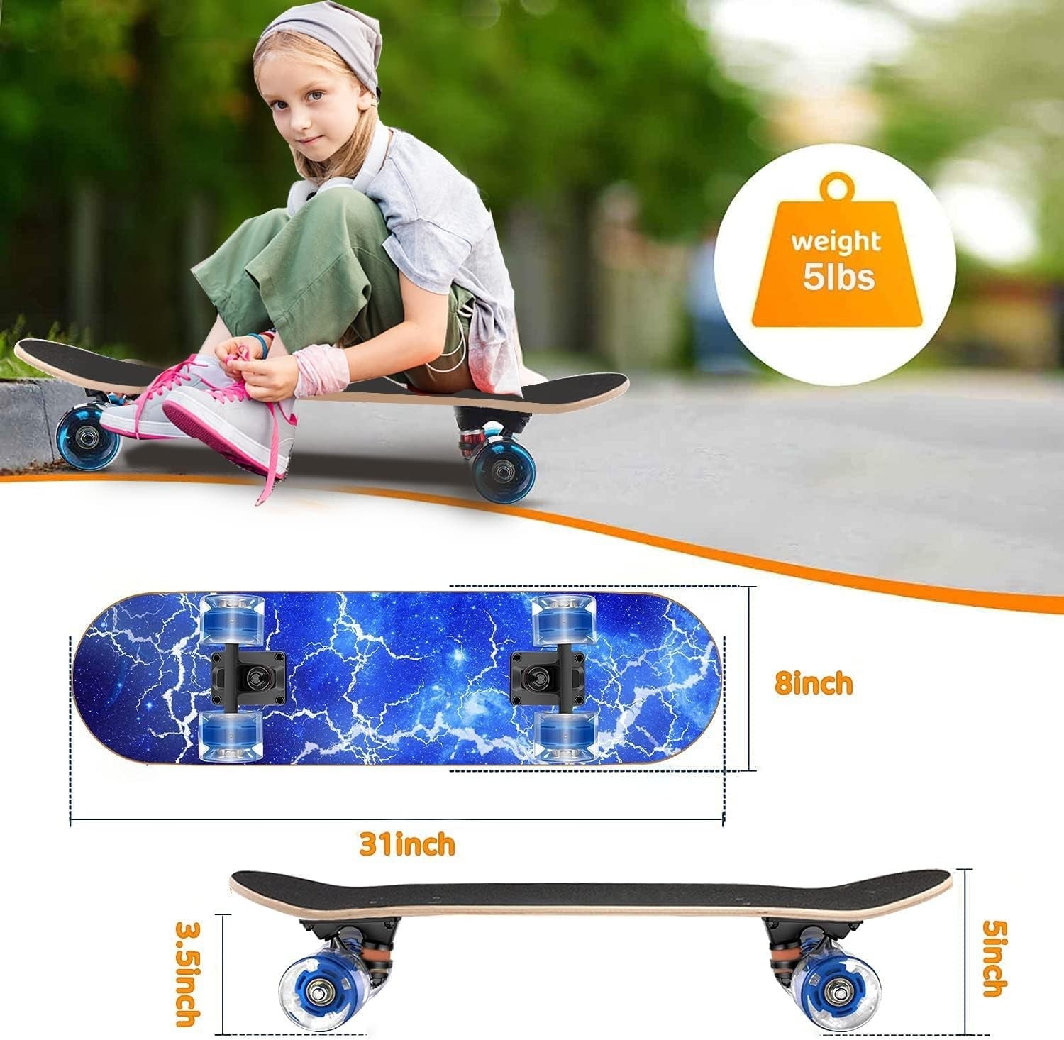 31" Complete Skateboard Lightning Design Maple Deck LED Wheels Youth Adult