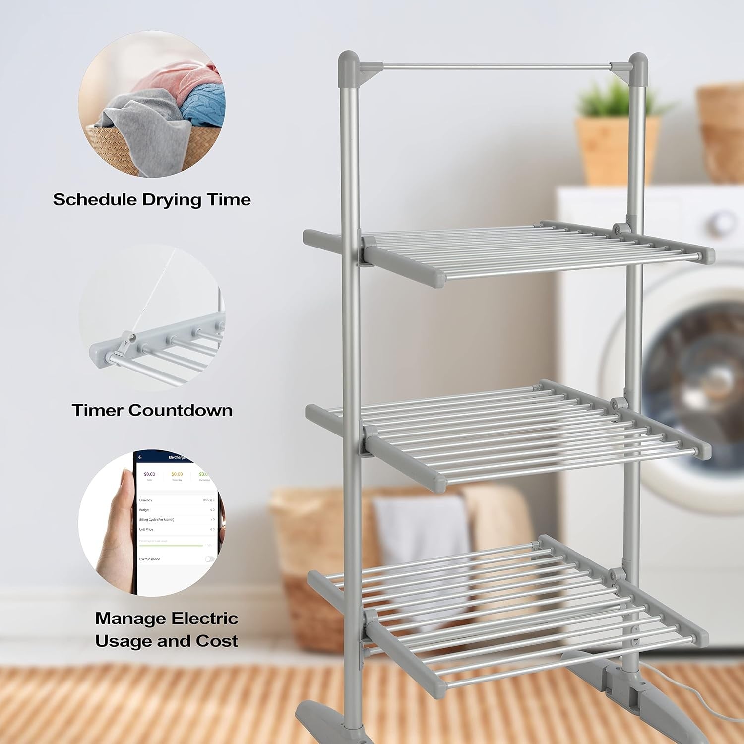 Smart WiFi Heated Clothes Airer 3 Tier Folding Indoor Drying Rack Radiator Wings