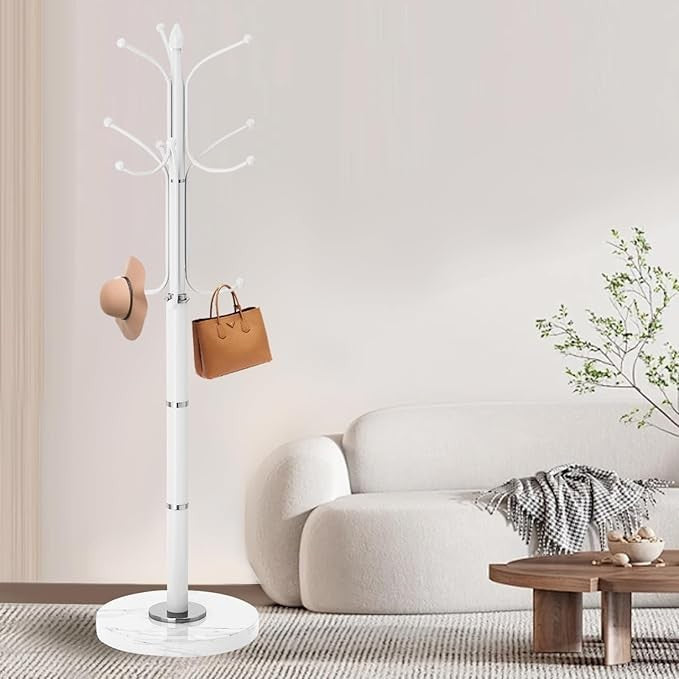 White Metal Coat Rack Stand Marble Base 12 Hooks Hall Tree Organizer