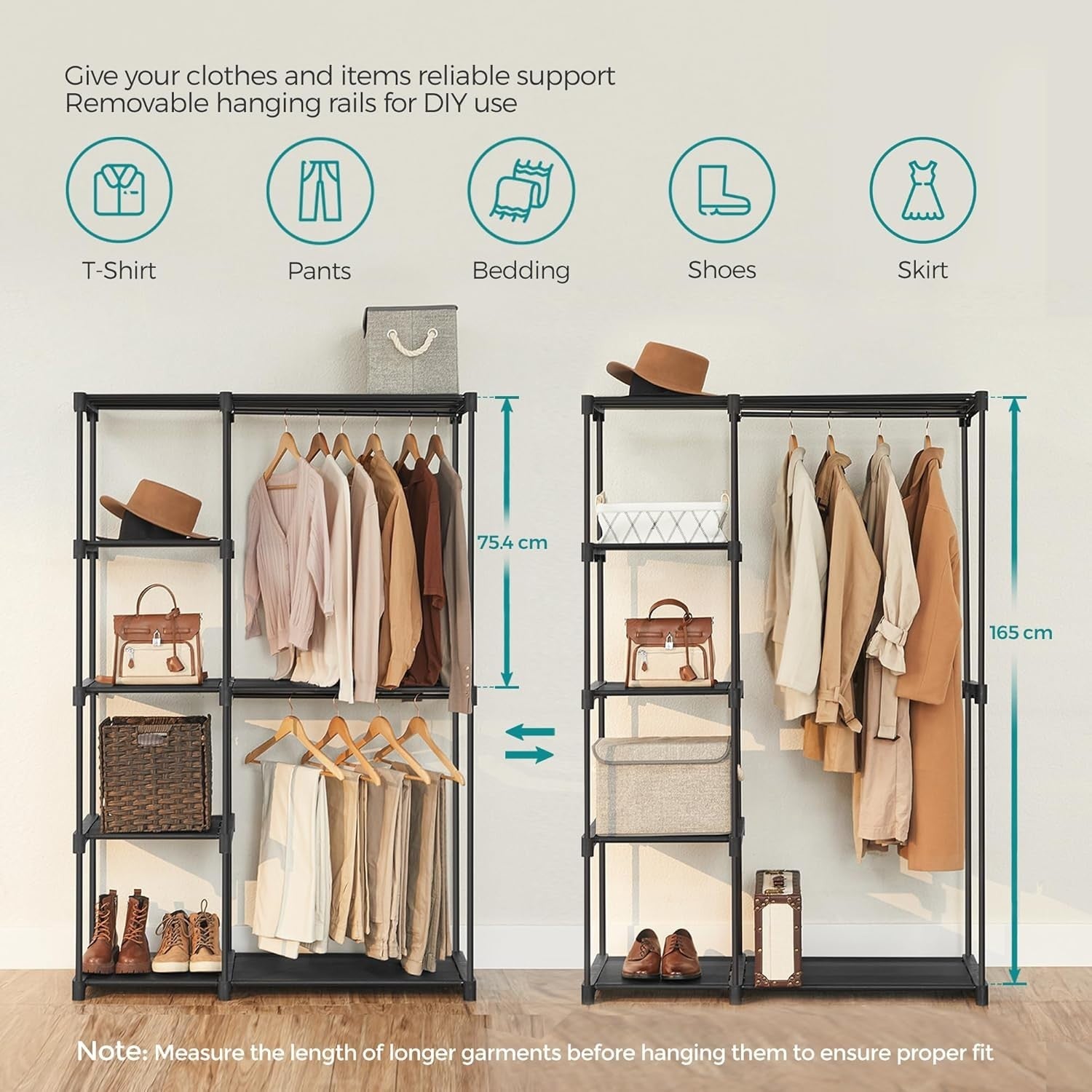 Freestanding Wardrobe with Shelves & Rails – Black 165cm