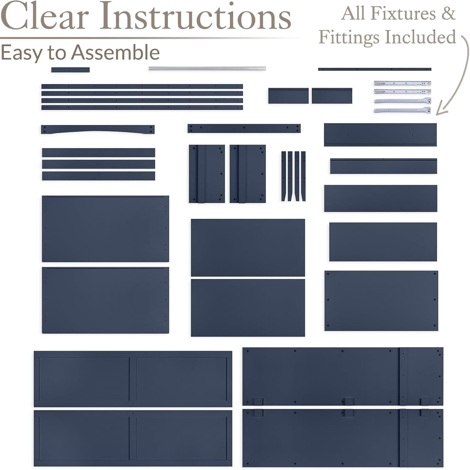 Navy Blue Double Wardrobe with Drawer | Soft Close Doors | Clothes Rail