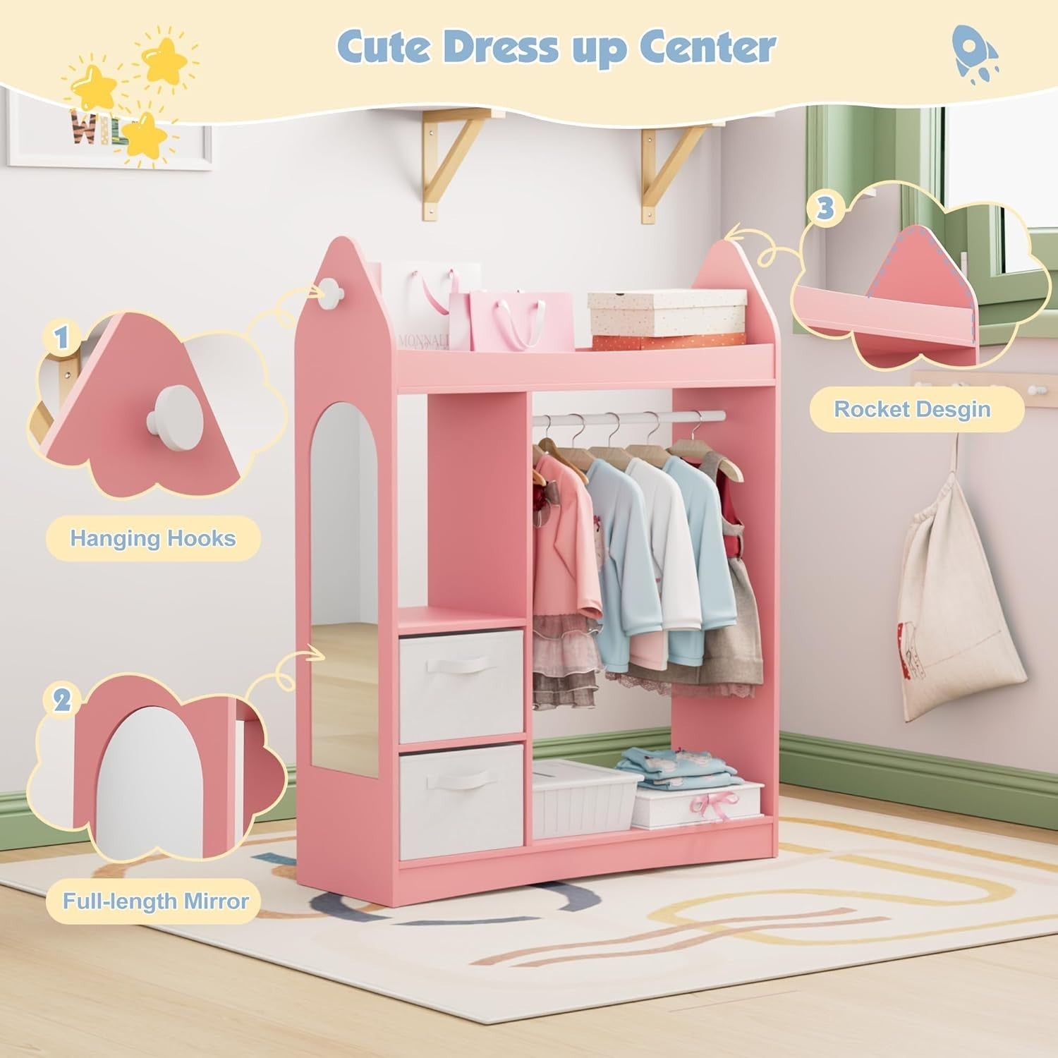 Kids Wardrobe with Mirror, 2 Drawers & Hanging Rail, Pink Rocket Design