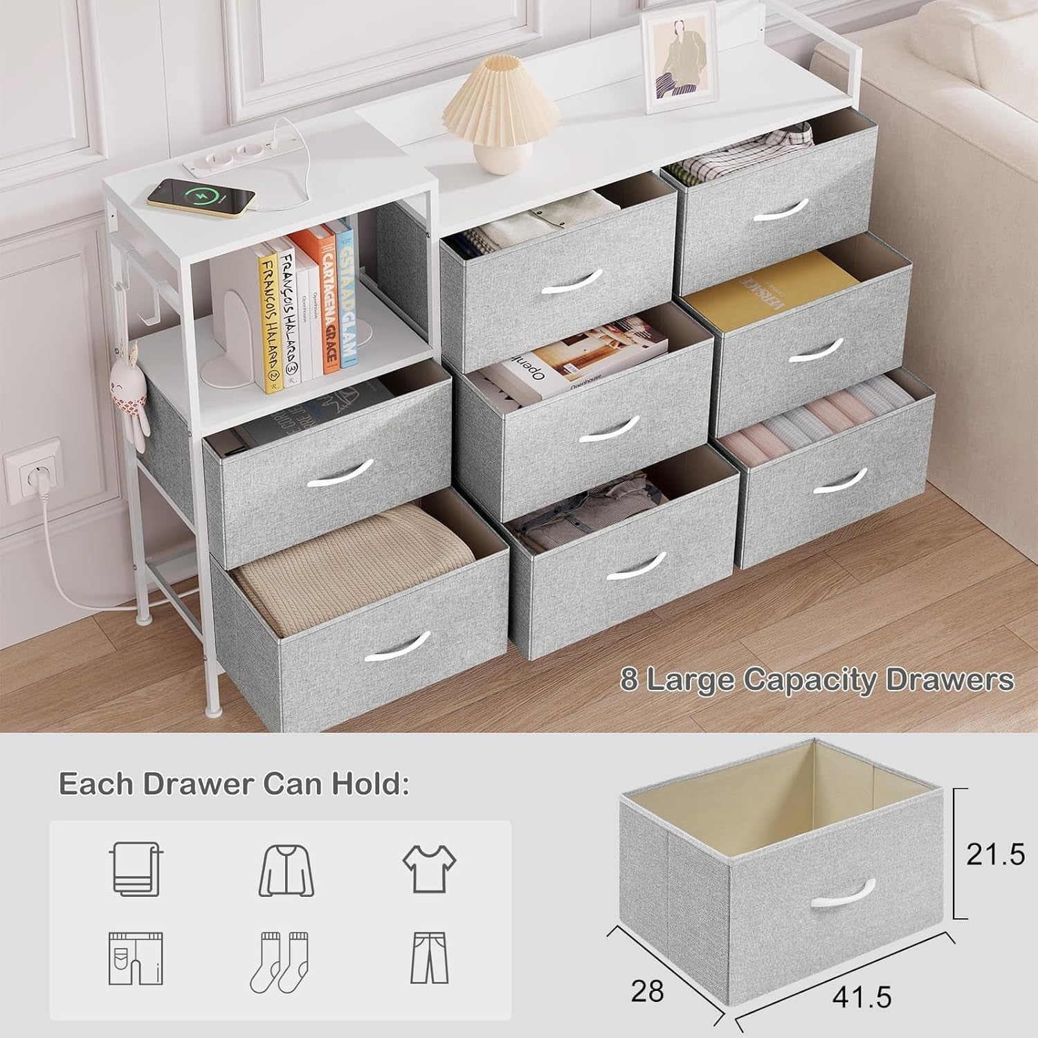 Fabric Storage 8 Chest Drawer  with USB Charging Ports Light Grey White Unit