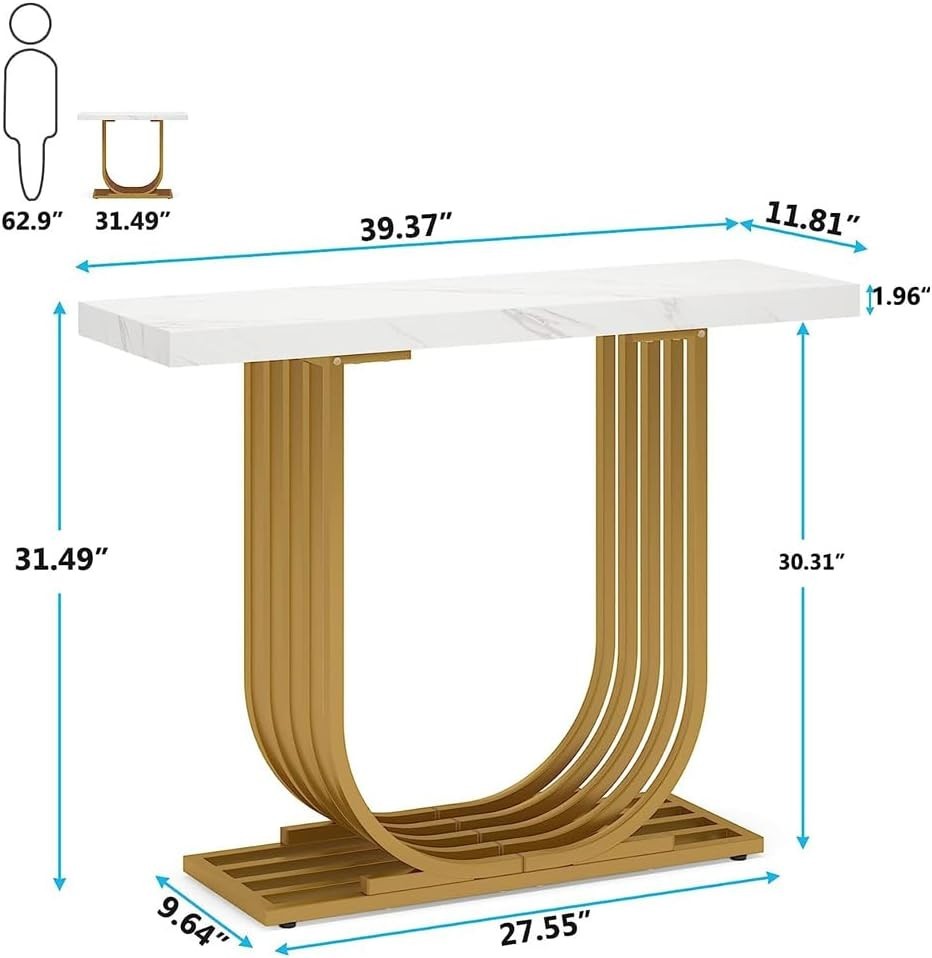 Modern Gold Console Table Faux Marble Top 100x30x82cm Hallway Foyer Desk